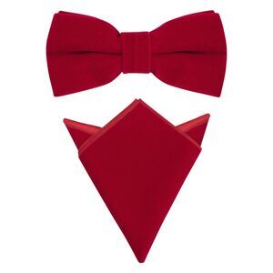 Velvet Adjustable Pre-Tied Bow Tie Solid Color Pocket Square Set Red